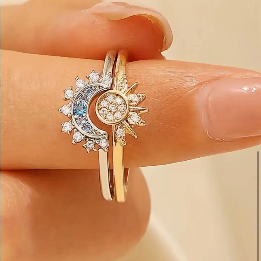 Cubic Zirconia Moon and Sun Ring, Sun and Moon Ring, Star Ring, Celestial Rings
